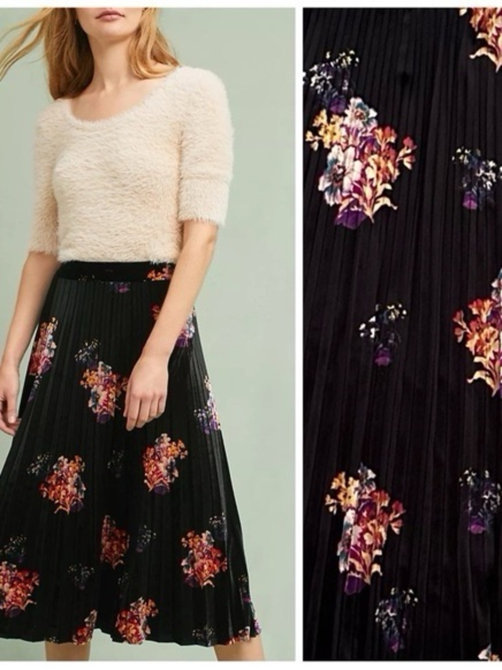 Anthropologie Velvet Black Floral Pleated Midi Skirt - Picture 2 of 3